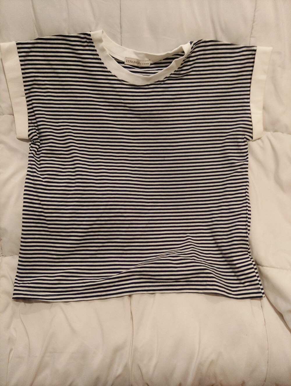 Zenana Outfitters Navy and White Striped Short-Sleeve Crewneck Top